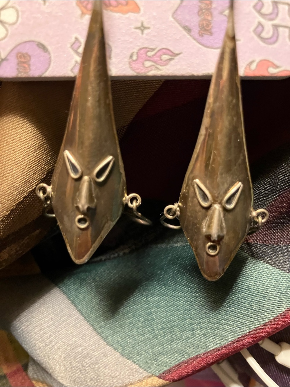 Sterling Silver Sculptural Mask Drop Earrings in Silver - Picture 2 of 4